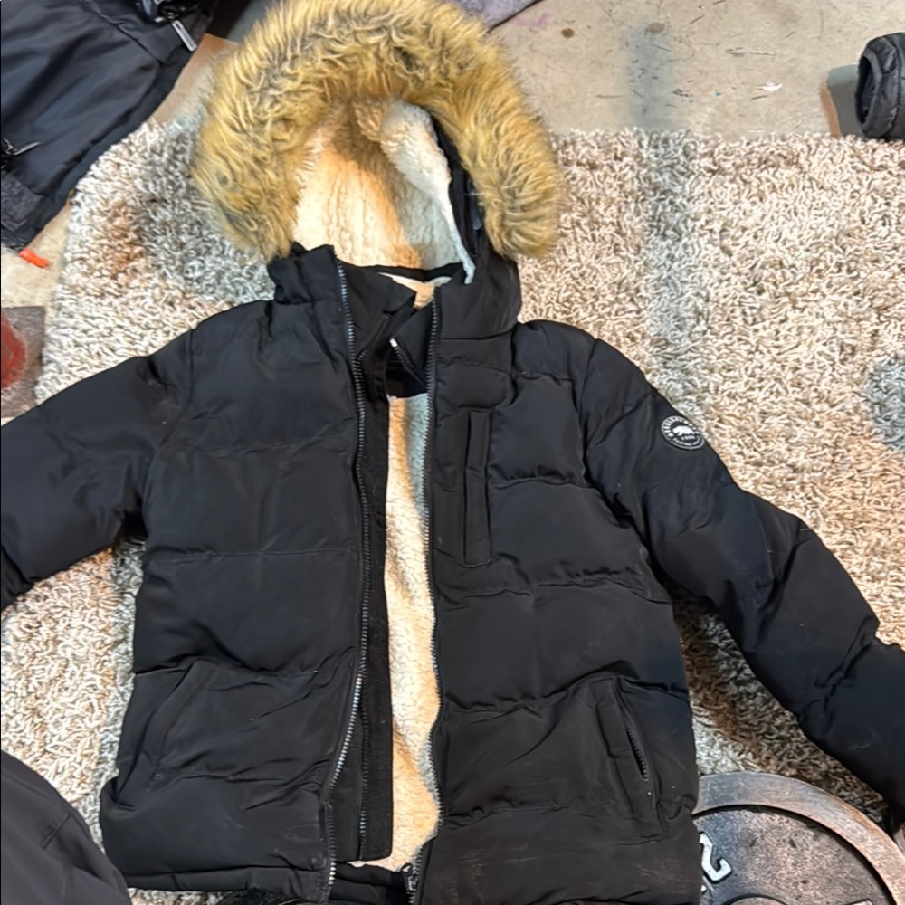 Black and Tan Puffer Jacket with Fur Trim Hood